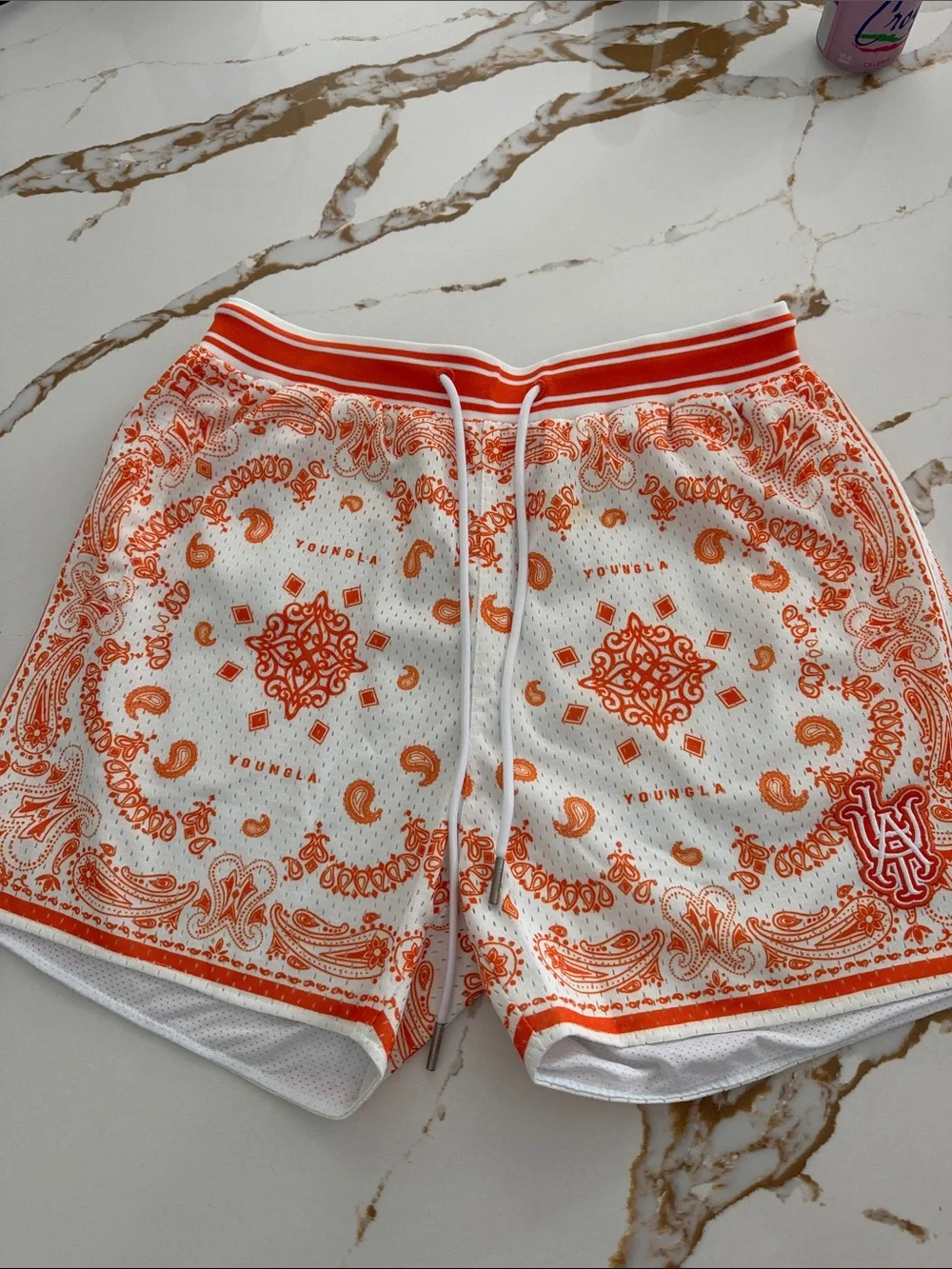 YoungLA White and Orange Paisley Athletic Mesh Shorts L 🔥